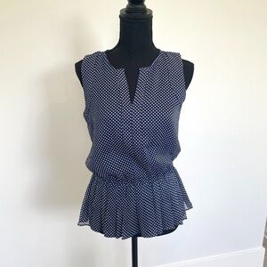 Qmack V-Neck Blue & White Polka Dot Sleeveless Blouse